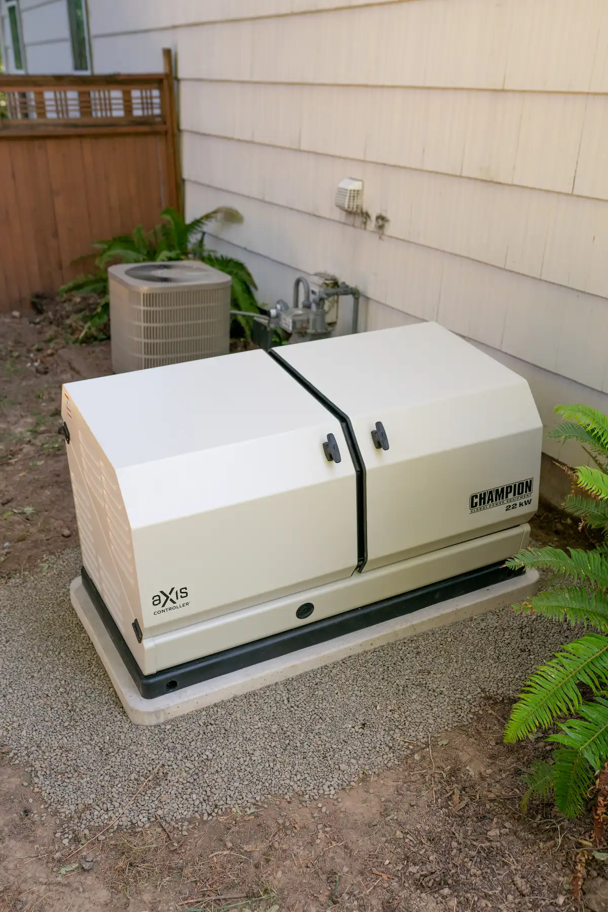A cream colored Champion whole home generator, sitting on a concrete pad